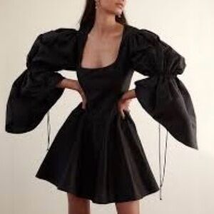 Ellery Black Square-Neck Mini Dress with Dramatic Puff Sleeves